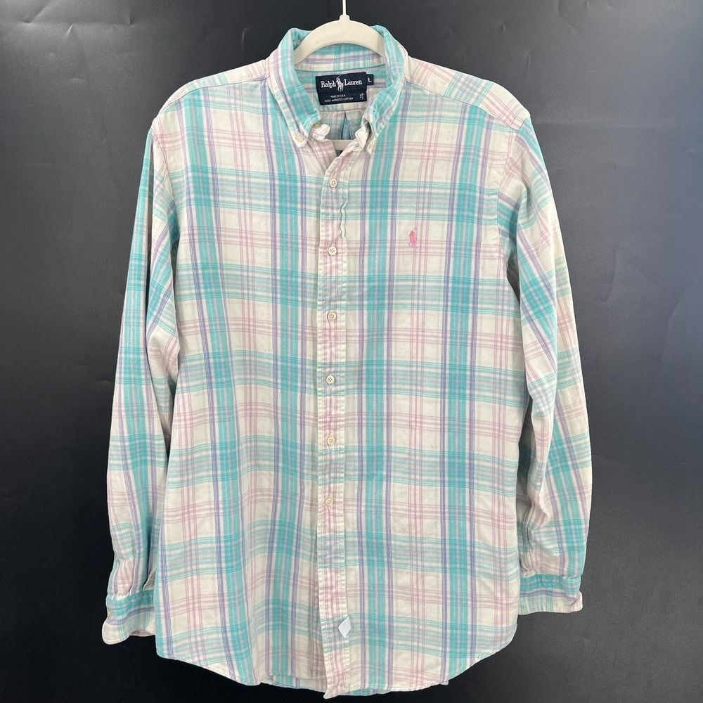 Vintage ralph lauren pastel plaid button front cotton polo pony shirt FLAWS L